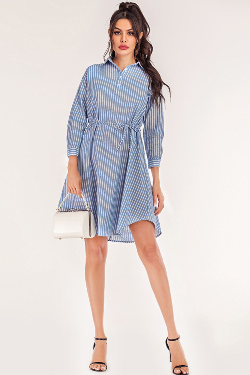 Full Size Striped Quarter-Button Roll-Tab Sleeve Shirt Dress