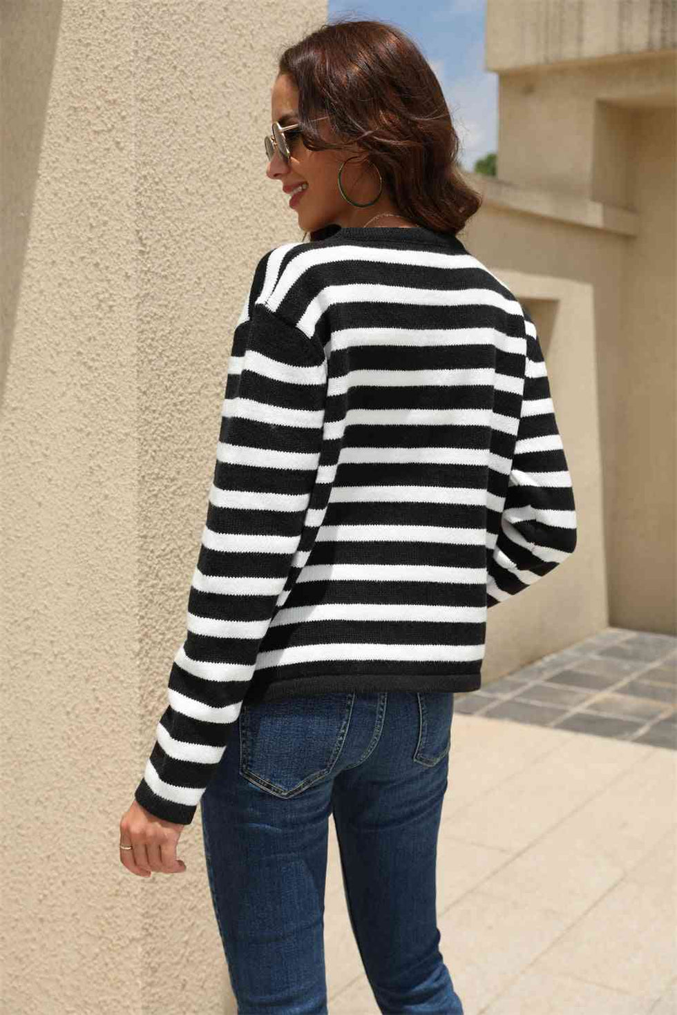 Striped Button Down Drop Shoulder Cardigan