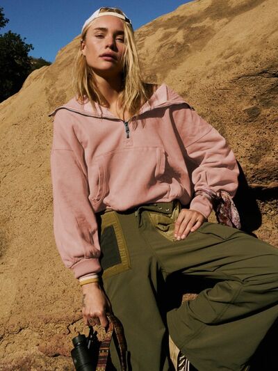 Half Zip Pocketed Dropped Shoulder Hoodie - Charming Charlie