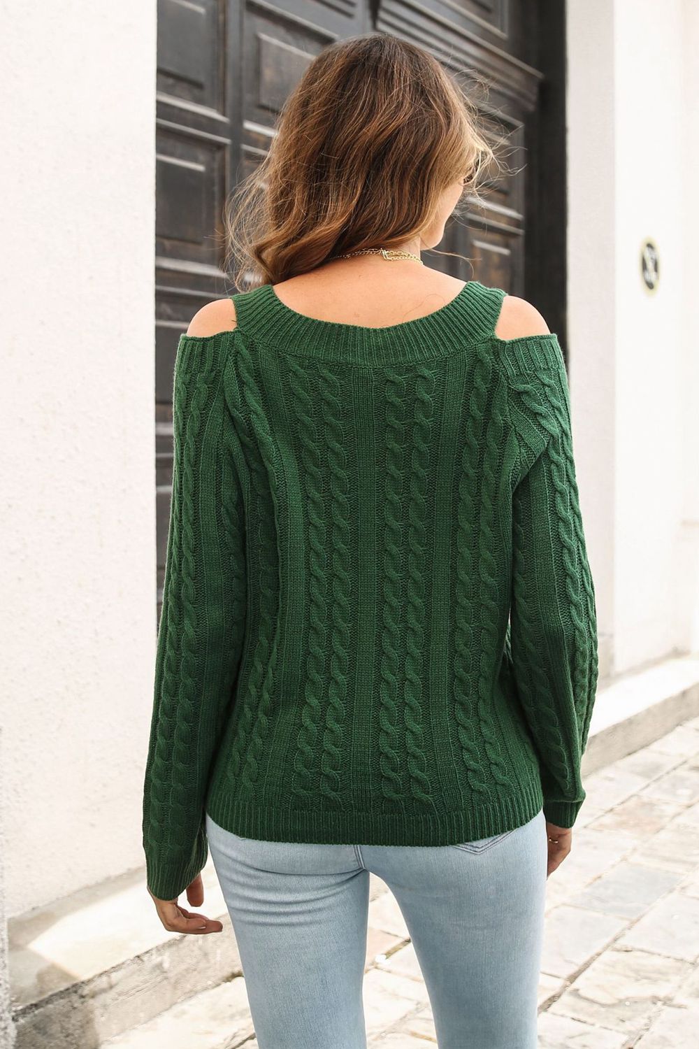 Cold Shoulder V Neck Cable Knit Pullover Sweater Charming Charlie