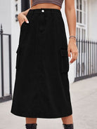 Slit Buttoned Denim Skirt with Pockets - Charming Charlie