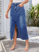 Slit Midi Denim Skirt with Pockets - Charming Charlie