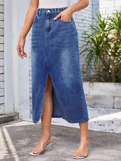 Slit Midi Denim Skirt with Pockets - Charming Charlie