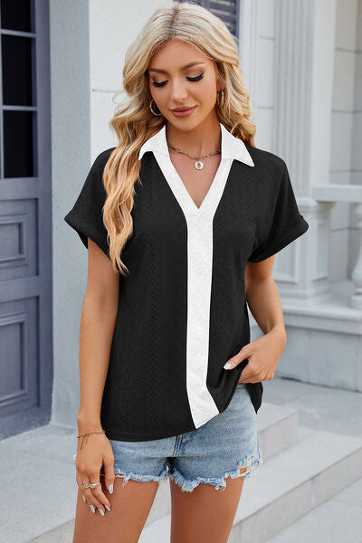 Eyelet Johnny Collar Short Sleeve T-Shirt - Charming Charlie