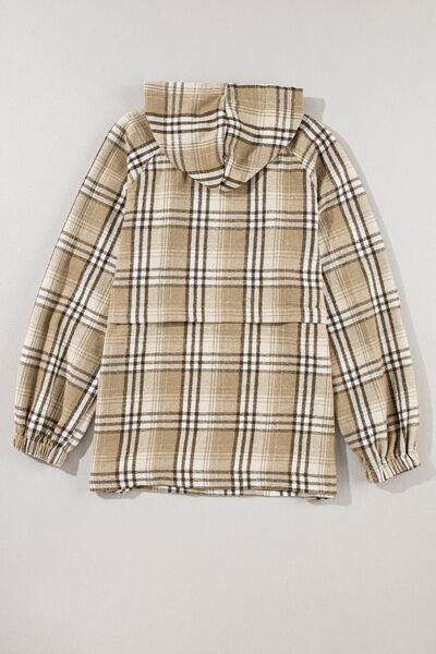 Drawstring Plaid Half Zip Raglan Sleeve Hoodie - Charming Charlie