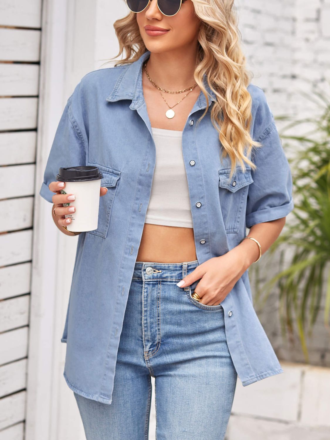 Collared Neck Short Sleeve Denim Jacket – Charming Charlie
