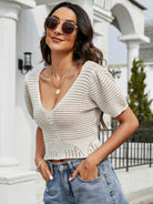 Openwork V-Neck Short Sleeve Knit Top - Charming Charlie