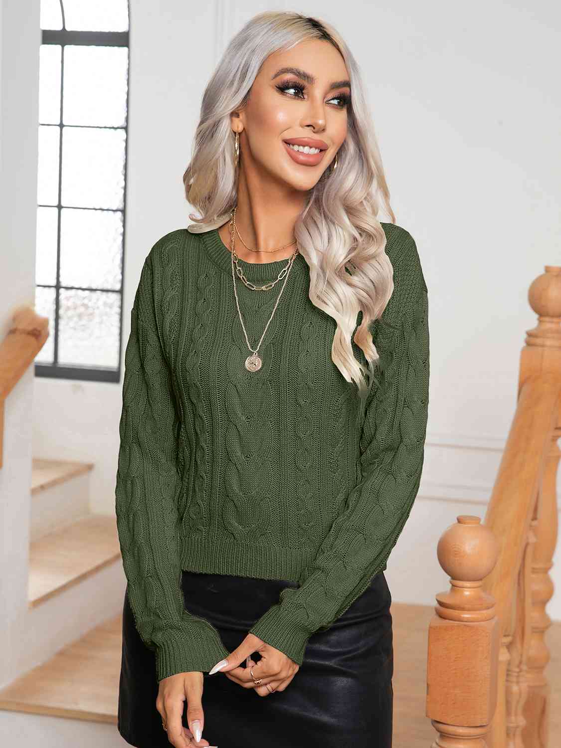Cable-Knit Round Neck Long Sleeve Sweater - Charming Charlie