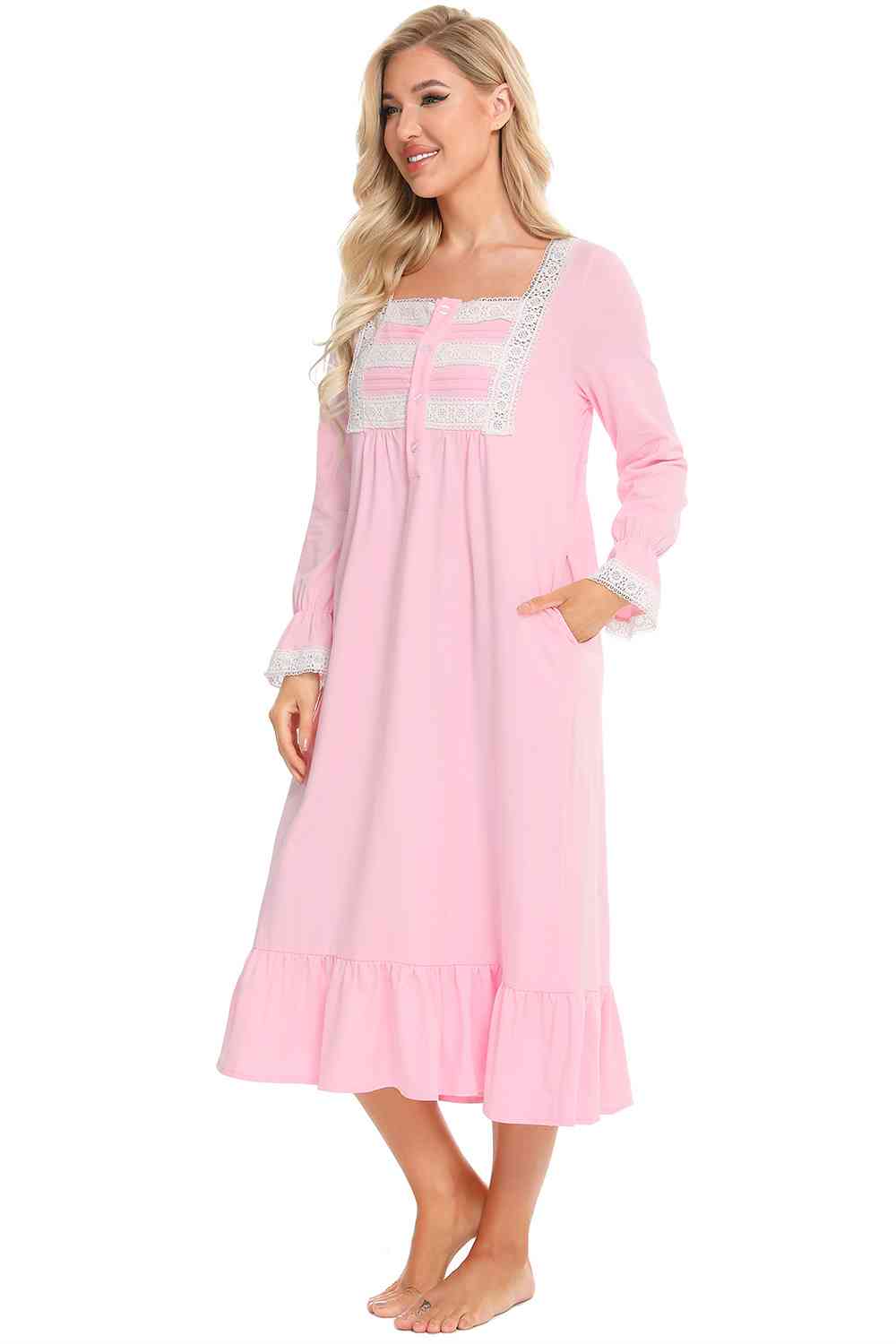 pink lace night dress Pink Satin Lace Trim Night Dress