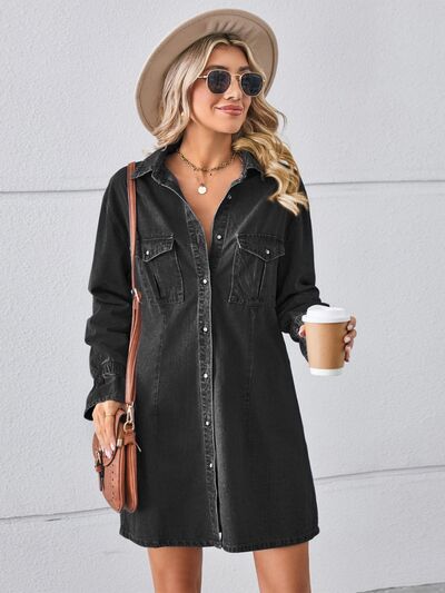 Wholesale MOQ6 Pocketed Dropped Shoulder Mini Denim Dress Wholesale MOQ6 Pocketed Dropped Shoulder Mini Denim Dress