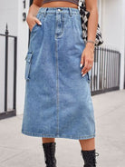 Slit Buttoned Denim Skirt with Pockets - Charming Charlie