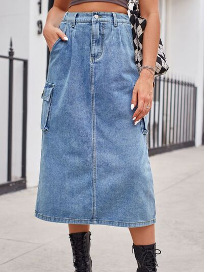 Slit Buttoned Denim Skirt with Pockets - Charming Charlie