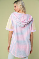 White Birch Full Size Striped Short Sleeve Drawstring Hooded Top - Charming Charlie