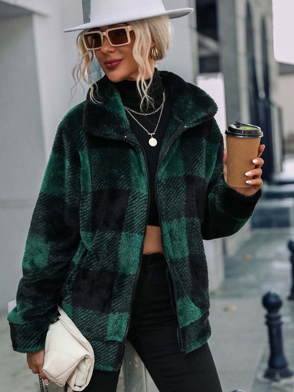 Plaid Zip-Up Collared Jacket - Charming Charlie