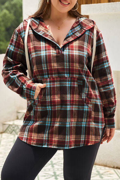 Plus Size Drawstring Plaid Quarter Button Hoodie - Charming Charlie