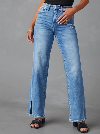 Slit Buttoned Jeans with Pockets - Charming Charlie