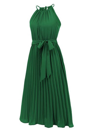 Green Spaghetti Strap Waist Tie-Up Flared Dress