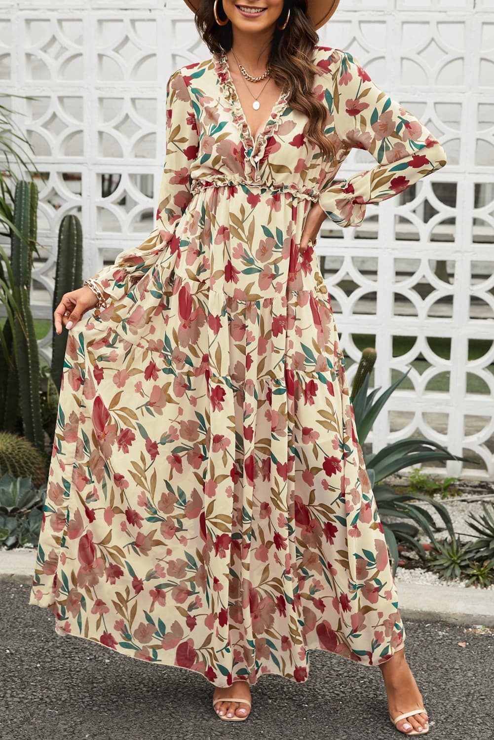Floral Frill Trim Sleeve Plunge Maxi Dress - Sand / S Floral Frill Trim Sleeve Plunge Maxi Dress - Sand / S