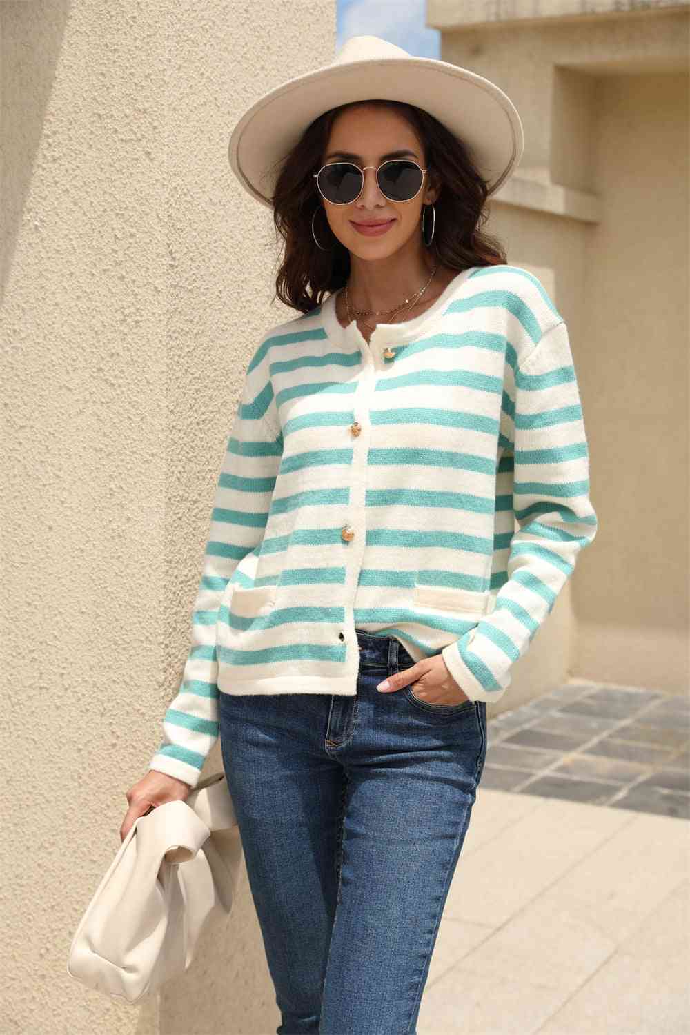 Striped Round Neck Button-Down Dropped Shoulder Cardigan - Charming Charlie