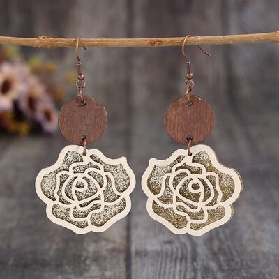 Wooden Alloy Rose Shape Dangle Earrings - Charming Charlie