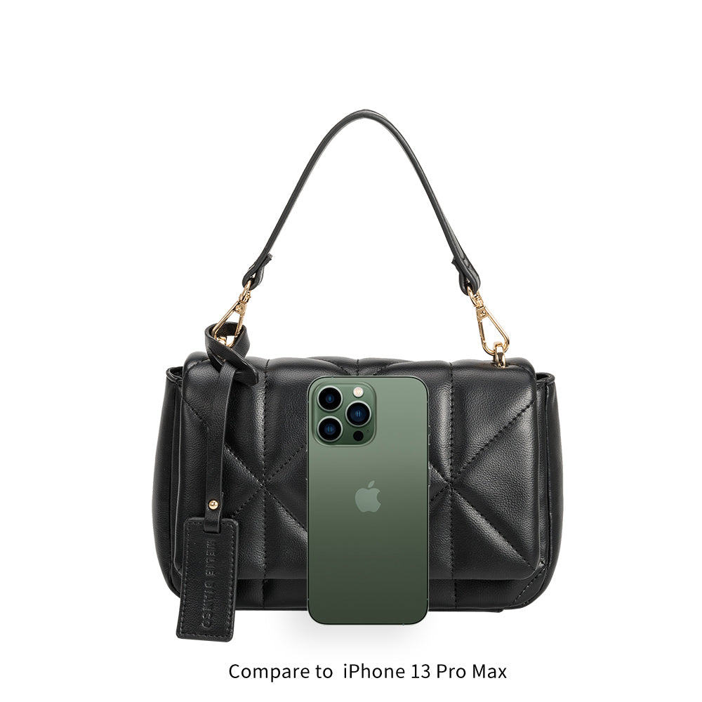 An iphone 13 pro size comparison image for a quilted vegan leather crossbody bag with gold hardware. 