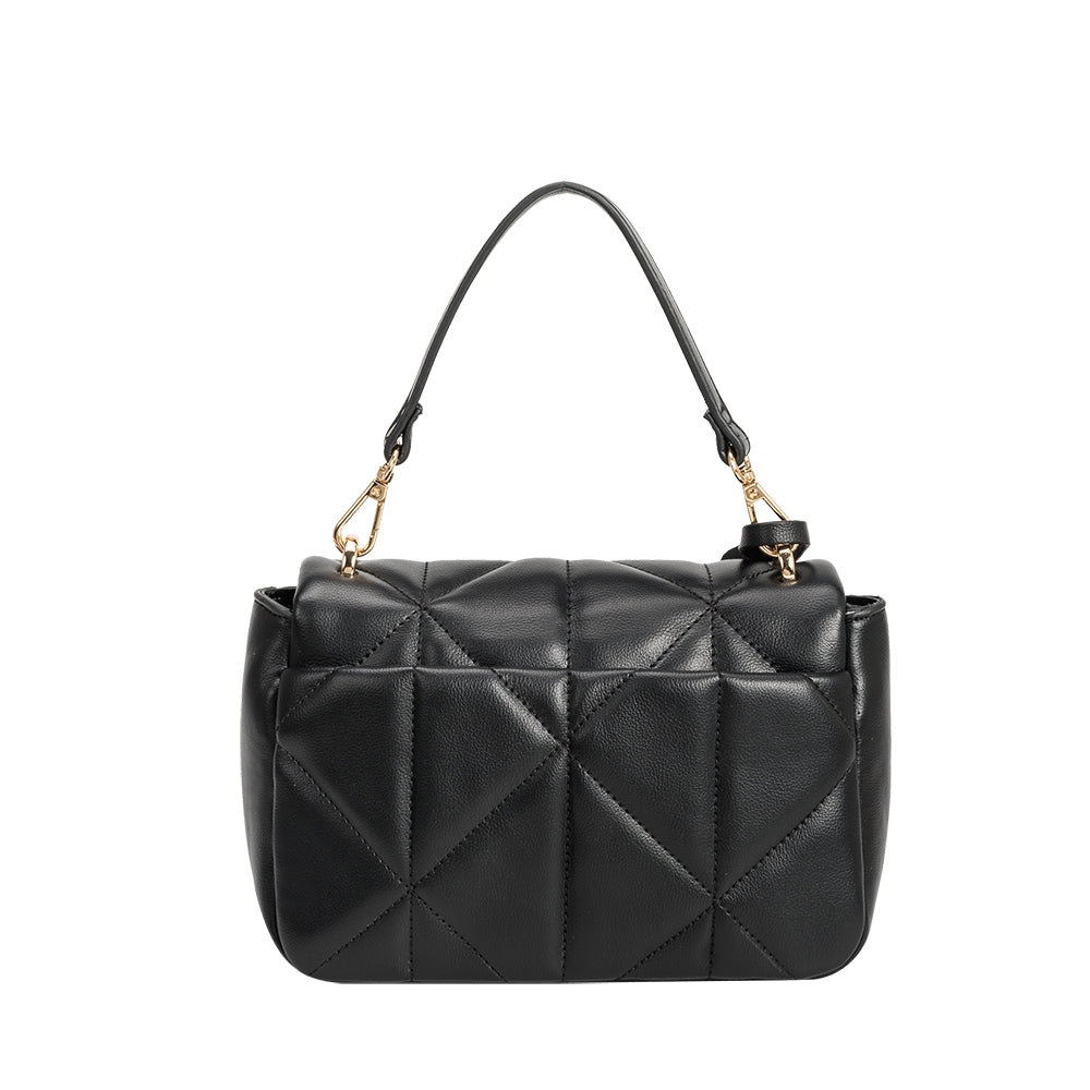 A black quilted vegan leather crossbody bag with gold hardware.