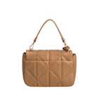 A camel quilted vegan leather crossbody bag with gold hardware. 