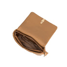 A camel quilted vegan leather crossbody bag with gold hardware. 