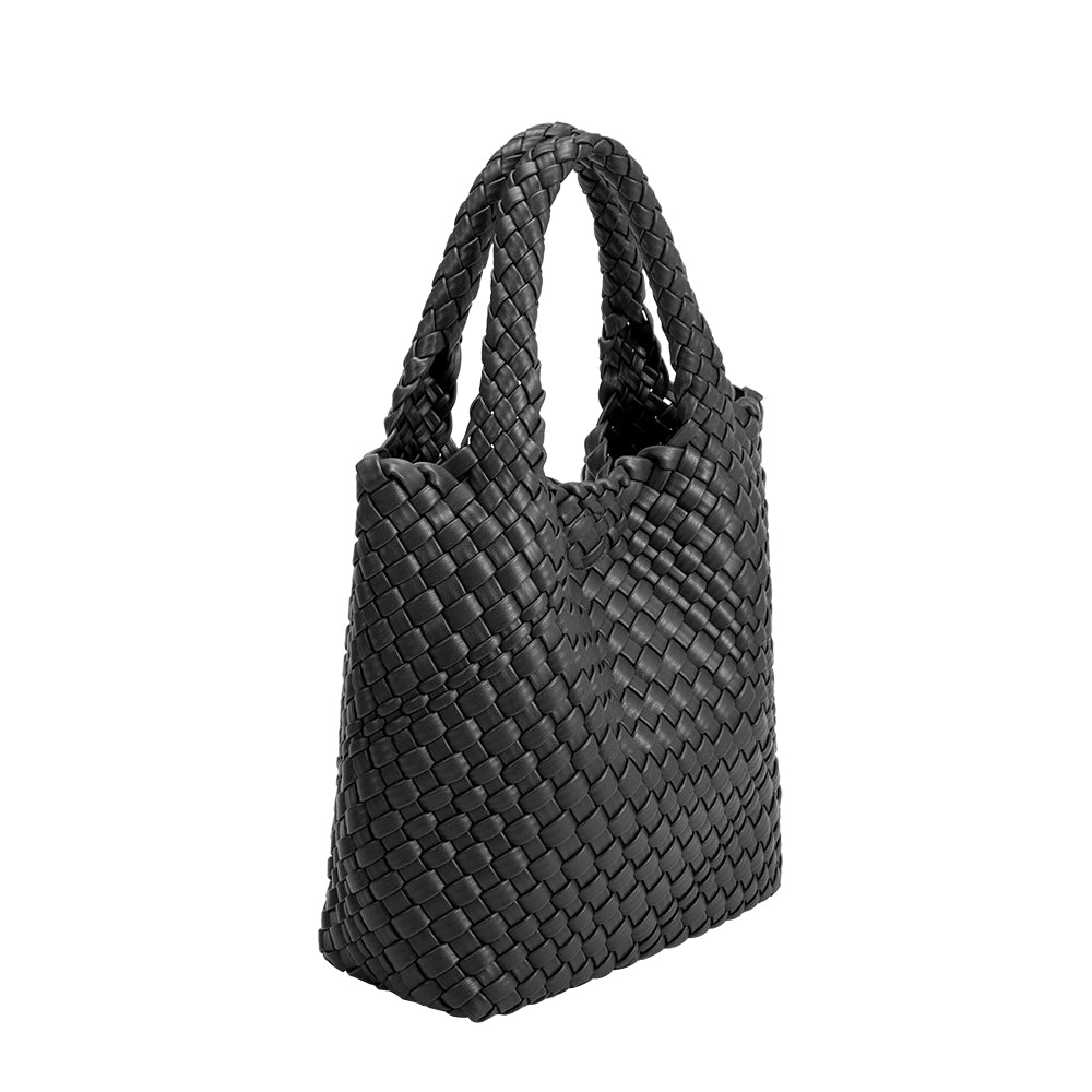 A small black woven recycled vegan leather tote bag with double handles. 