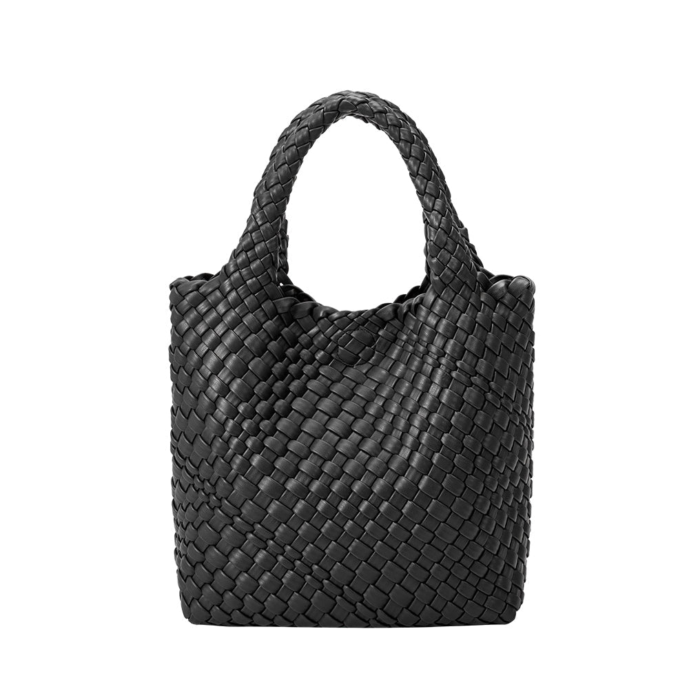 A small black recycled vegan leather tote bag with double handles. 