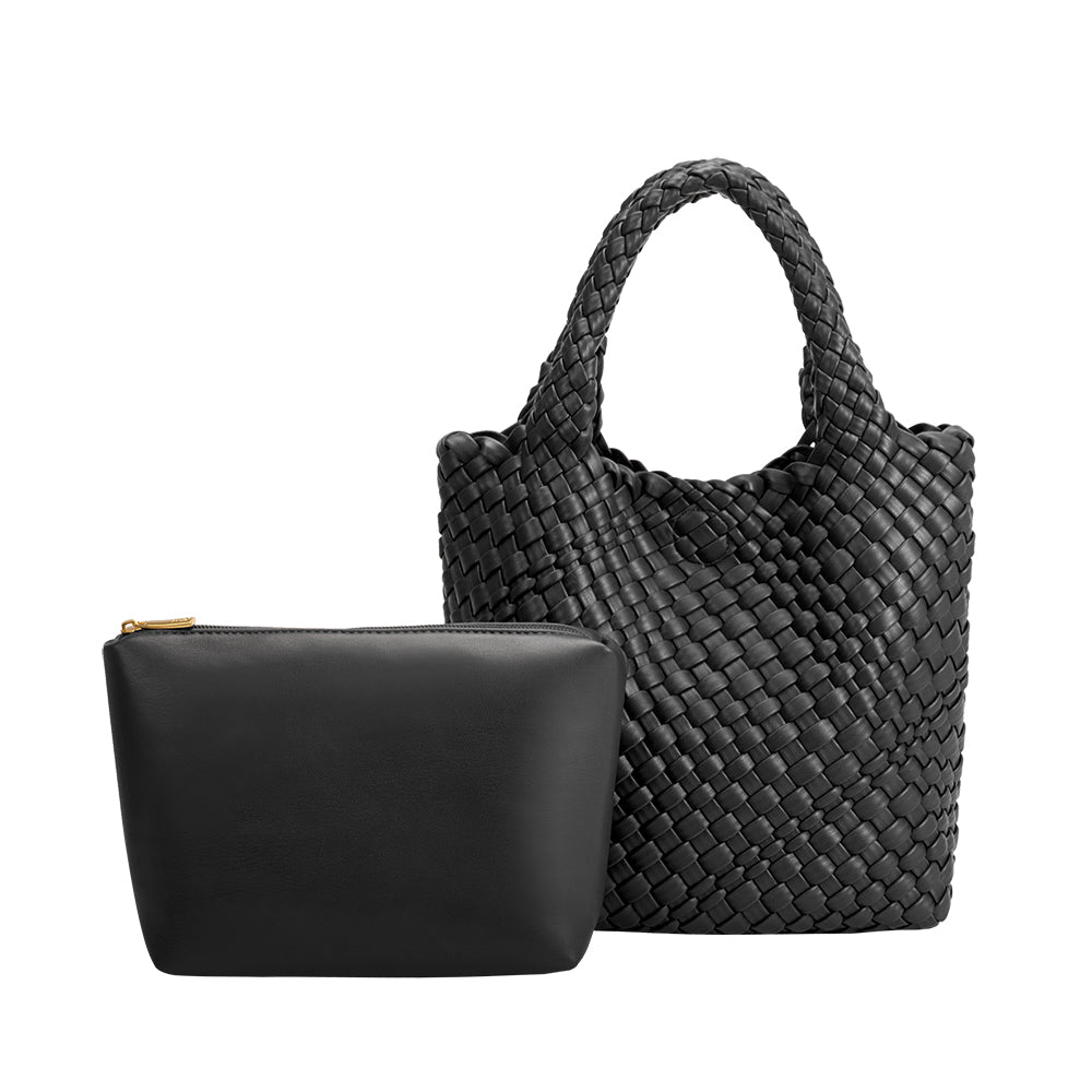 A small black woven recycled vegan leather tote bag with a zip pouch. 