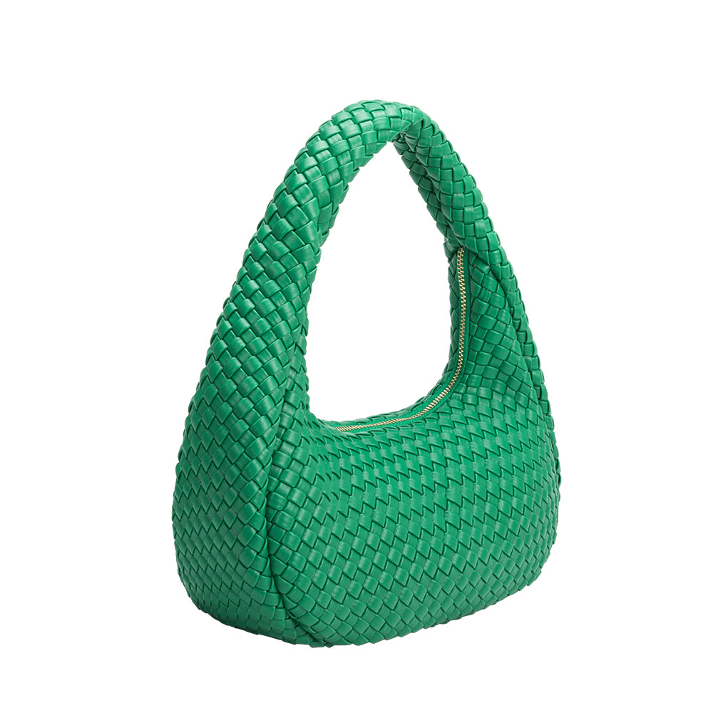 A green curved vegan leather shoulder bag.