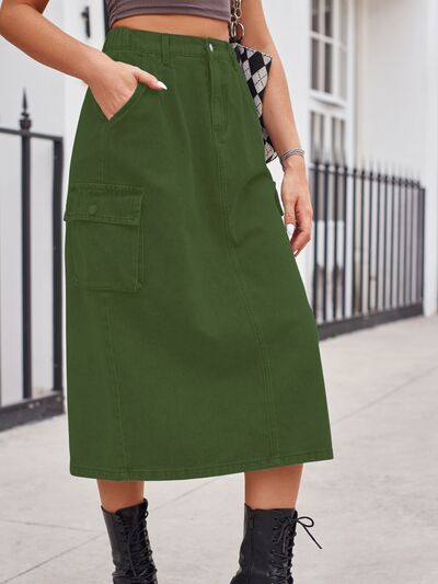 Slit Buttoned Denim Skirt with Pockets - Charming Charlie