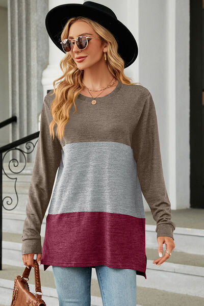 Color Block Round Neck Long Sleeve T-Shirt - Charming Charlie