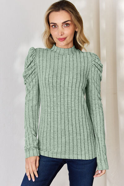 Basic Bae Full Size Ribbed Mock Neck Puff Sleeve T-Shirt - Charming Charlie