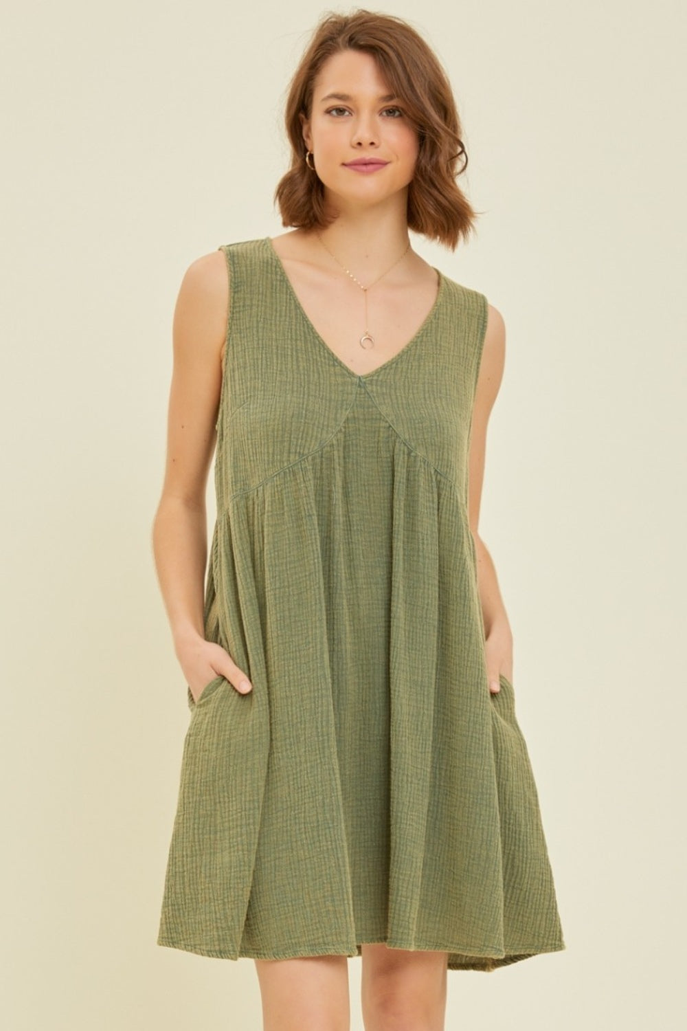 HEYSON Full Size Texture V-Neck Sleeveless Flare Mini Dress - Green / S