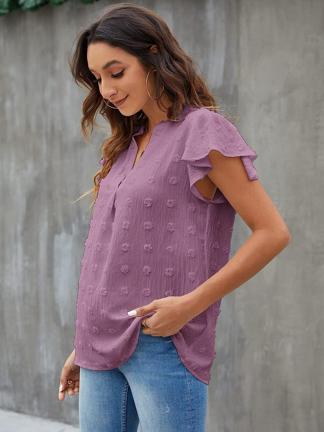 Swiss Dot Notched Cap Sleeve Blouse - Charming Charlie