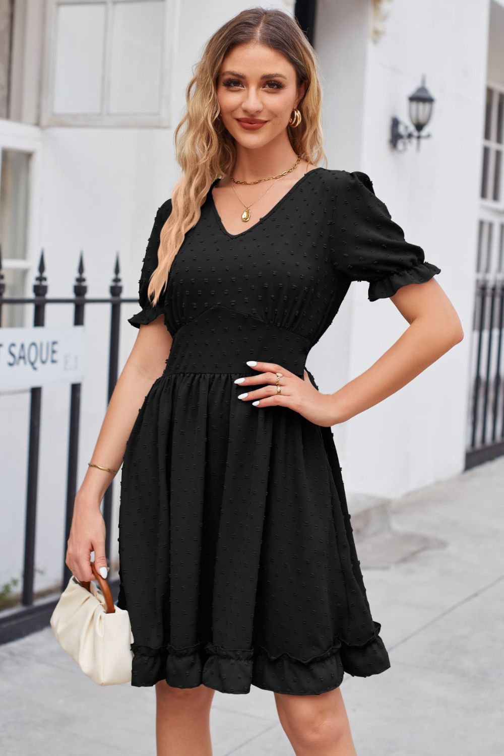 swiss dot black dress Frill Trim Flounce Sleeve V-Neck / 2XL Moncton Black Solid Wood New In Accessories Great for any cup Dress length type:Knee Length