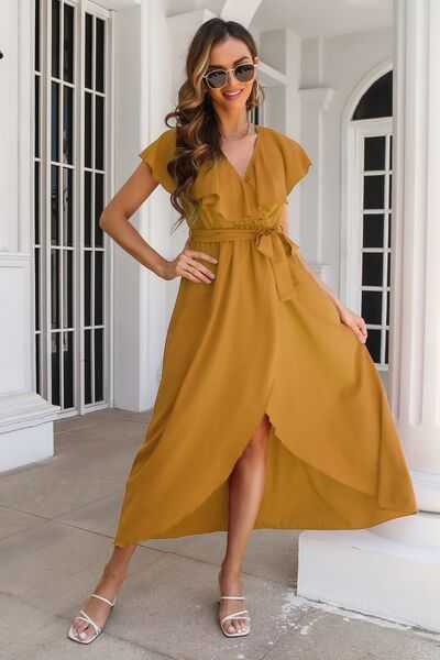 Ruffled Surplice Tie Waist Slit Midi Dress - Charming Charlie