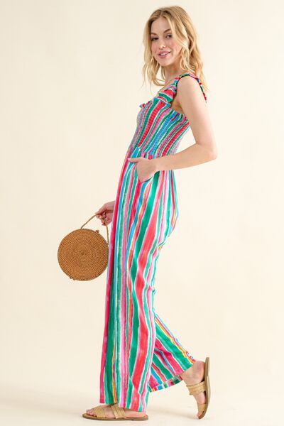 And The Why Full Size Striped Smocked Sleeveless Jumpsuit - Charming Charlie