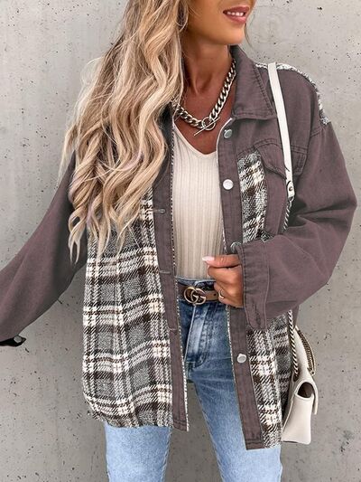 Plaid Button Up Dropped Shoulder Jacket - Charming Charlie