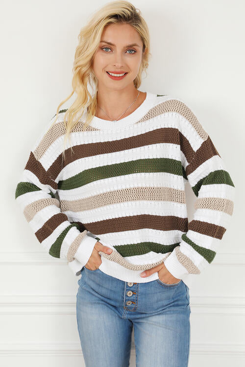 Striped Openwork Dropped Shoulder Sweater - Charming Charlie