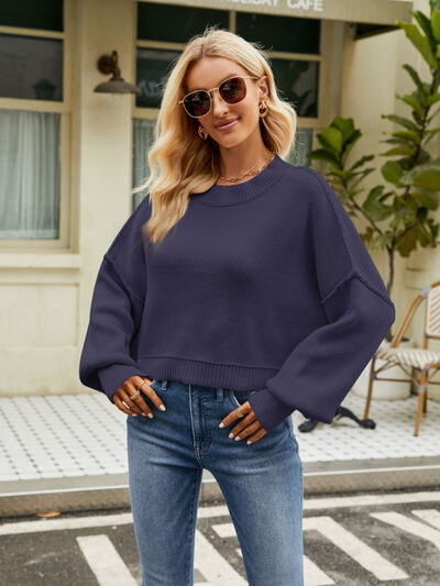 Round Neck Lantern Sleeve Sweater - Charming Charlie