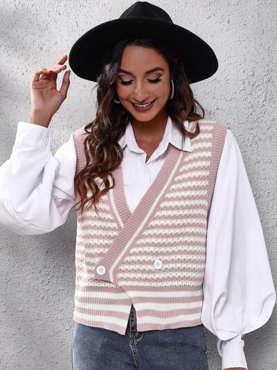 Striped Button Up V-Neck Sweater Vest - Charming Charlie