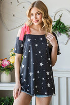 Heimish Full Size Star Print Asymmetrical Neck Short Sleeve Top - Charming Charlie