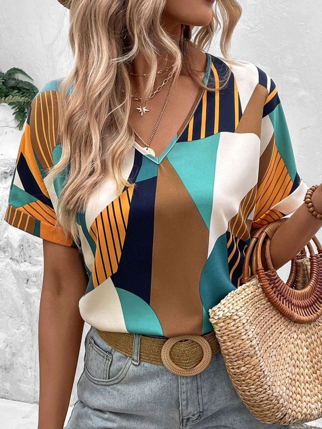 Printed V-Neck Short Sleeve Blouse - Charming Charlie