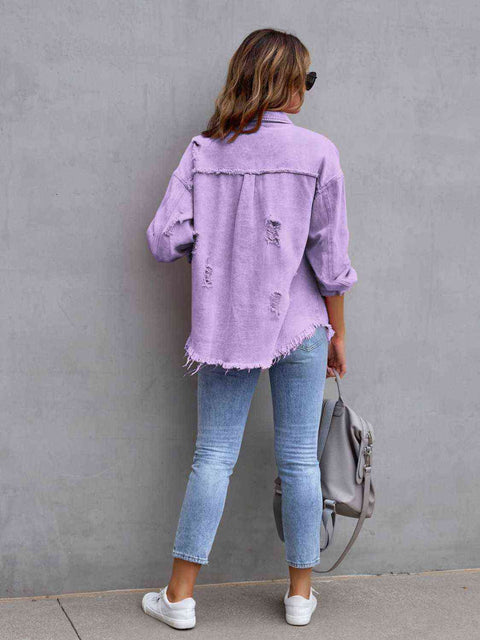 Distressed Raw Hem Dropped Shoulder Denim Jacket