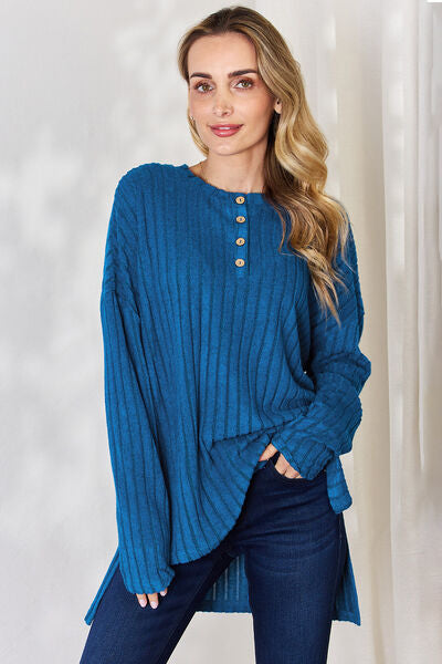 Basic Bae Full Size Ribbed Half Button Long Sleeve High-Low T-Shirt - Charming Charlie