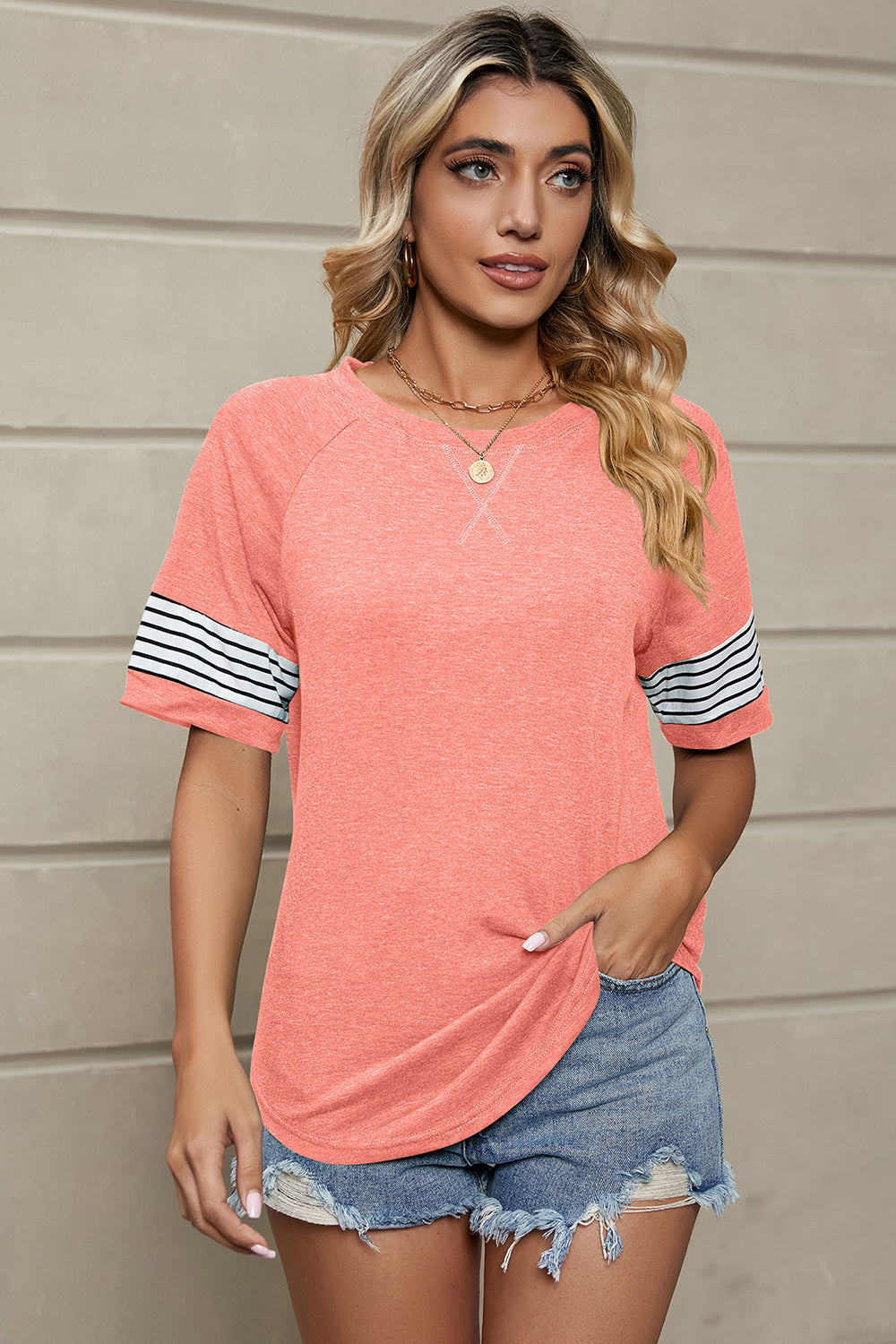 Striped Round Neck Short Sleeve T-Shirt - Charming Charlie