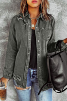 Distressed Raw Hem Snap Down Denim Jacket - Charming Charlie